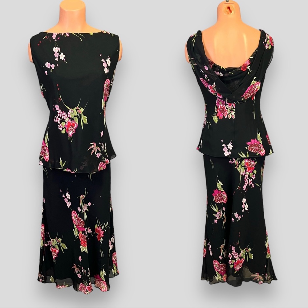 Pretty Vintage 90s Two Piece Floral Flounced Sleeveless Top and Skirt Set 14 16